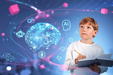 Concepto de aprendizaje analógico de competencias digitales Niño con un libro aprende conceptos digitales